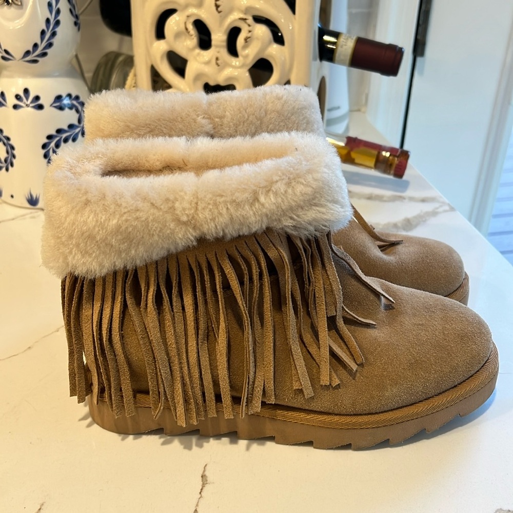 ASH Tan Fringe Suede and Fur Bootie